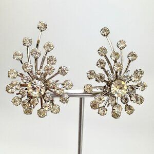 Silver Tone White Crystal Bezel Set Statement Earrings Size 2" Length